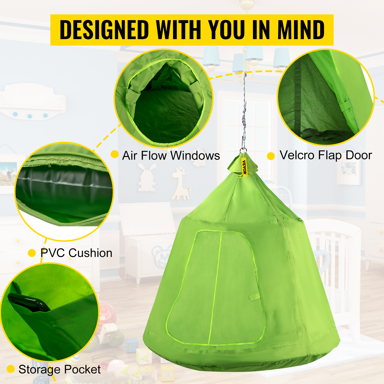VEVOR Hanging Tree Tent, Max.440lbs Capacity Tree Tent Swing, Hangout Hugglepod with LED Rainbow Decoration Light Inflatable Cushion, Ceiling Hammock Tent Suit for Kids & Adult Indoor Outdoor Green