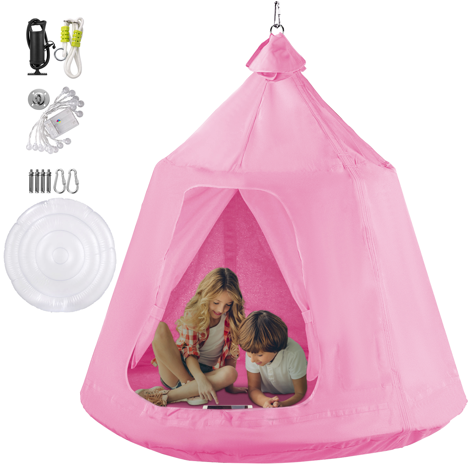 Pink Ropes Best Choice Products Kids Indoor & Outdoor Hanging Hammock Swing Tent Set w/Inflatable Base and Multicolor LED String Lights 