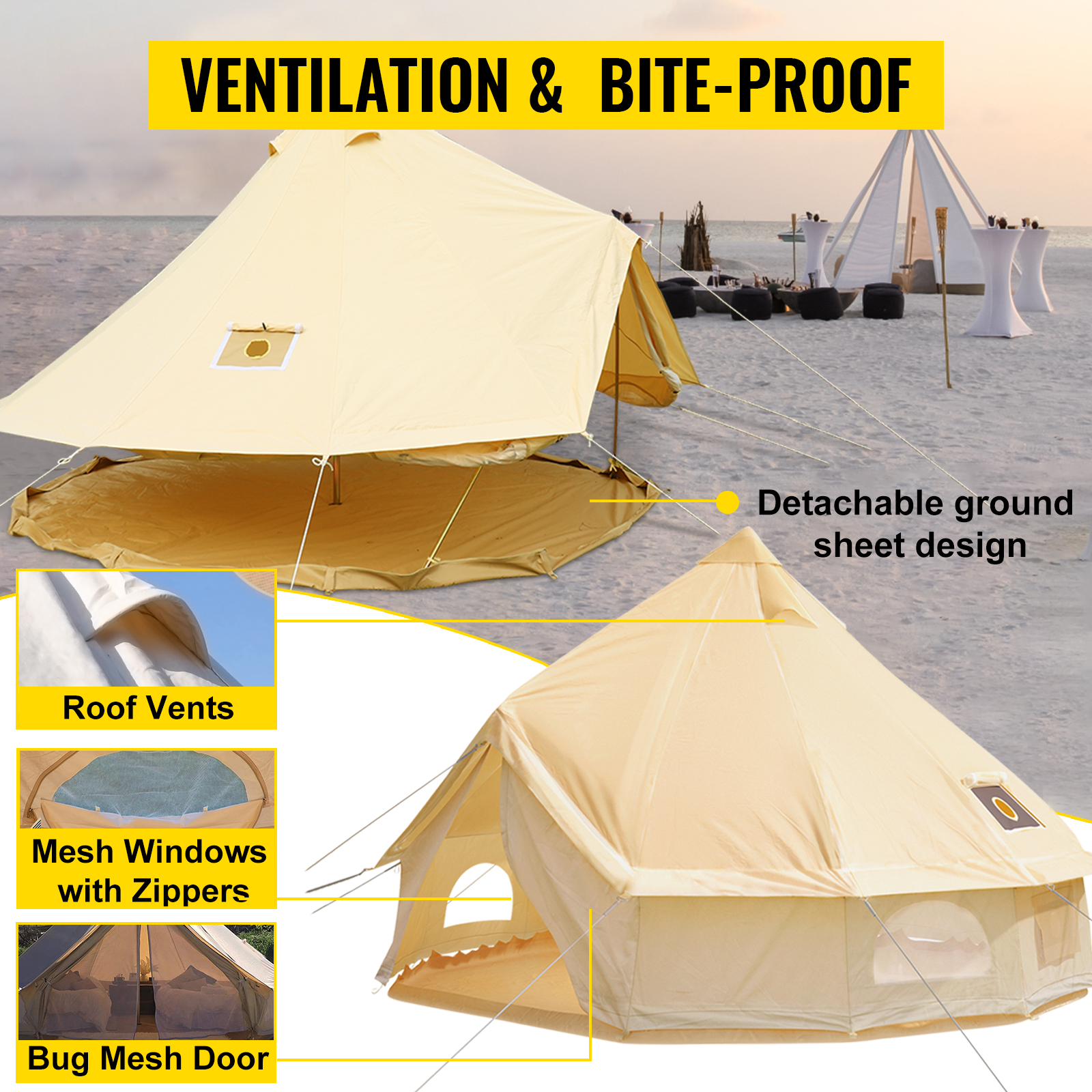 VEVOR Tente en Toile Coton Tente Yourte Camping Beige 3/4/5/6/7 m 3-12  Personnes