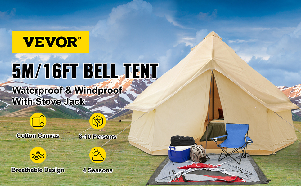 VEVOR Canvas Bell Tent, Waterproof & Breathable 100% Cotton Retro