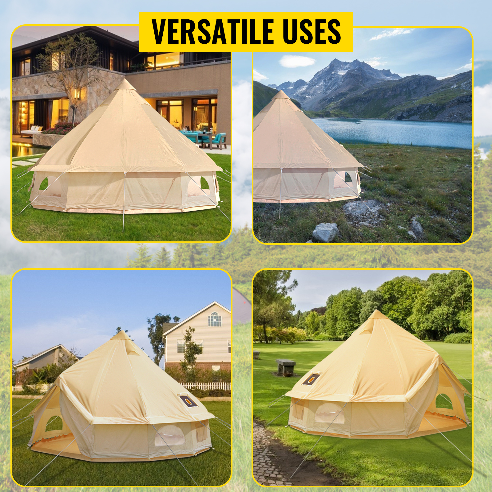 VEVOR Canvas Bell Tent, Waterproof & Breathable 100% Cotton Retro and  Luxury Yurt with Stove Jack, 6m Diameter, Large Canopy Used in Summer, for