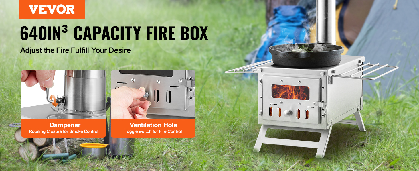 VEVOR Wood Stove, 80 inch, Stainless Steel Camping Tent Stove, Portable  Wood Burning Stove with Chimney Pipes & Gloves, 700in³Firebox Hot Tent  Stove