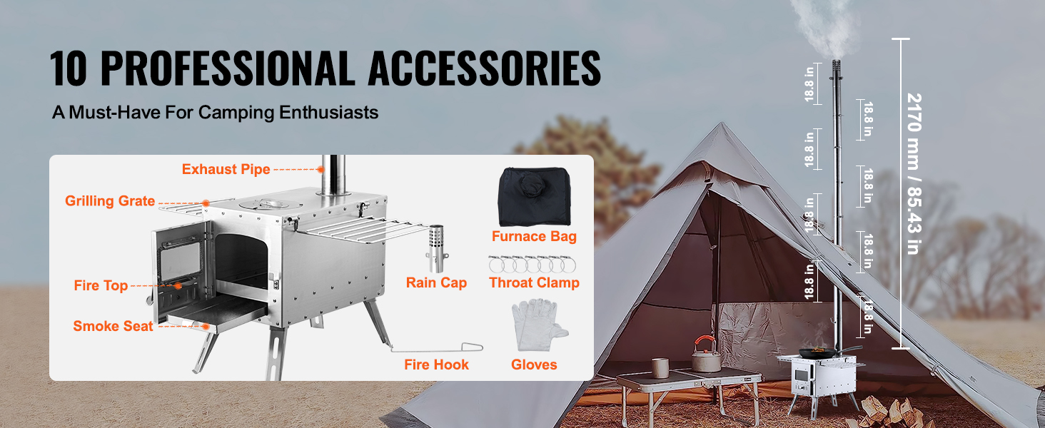 Portable Camping Tent Wood Burning Stove Accessories Wood Stove Frame  Chimney