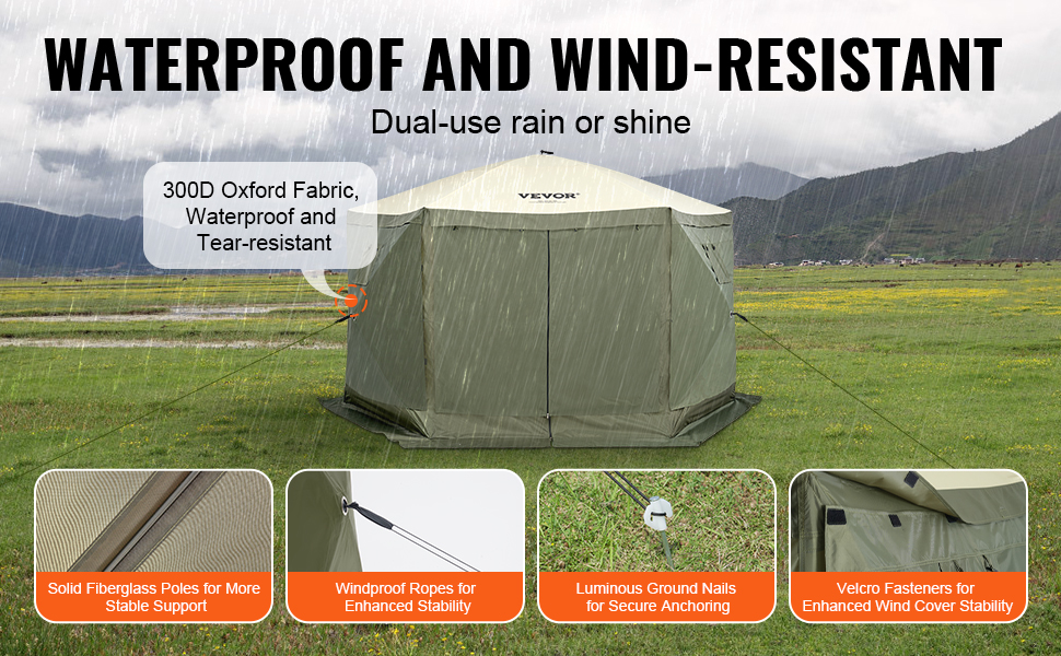 VEVOR pop up gazebo tent: waterproof, wind-resistant, solid fiberglass poles, luminous ground nails.