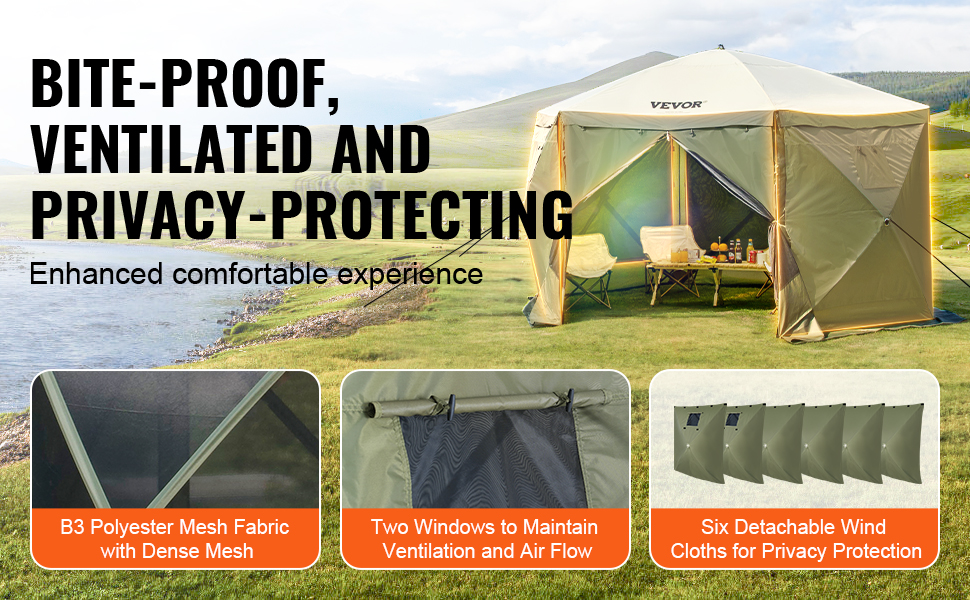 VEVOR pop up gazebo tent with mesh fabric, windows, and detachable wind cloths for privacy and ventilation.