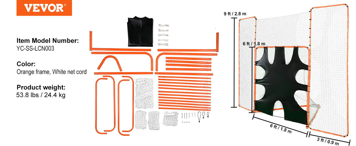 Lakrosová bránka VEVOR 3-V-1 s dorazom a terčom, 12' x 9' lakrosová sieť, oceľový rám backyard lakrosové odrazové zariadenie, rýchle a jednoduché nastavenie tréningovej siete, ideálne pre tréning dospelých mládeže, oranžová