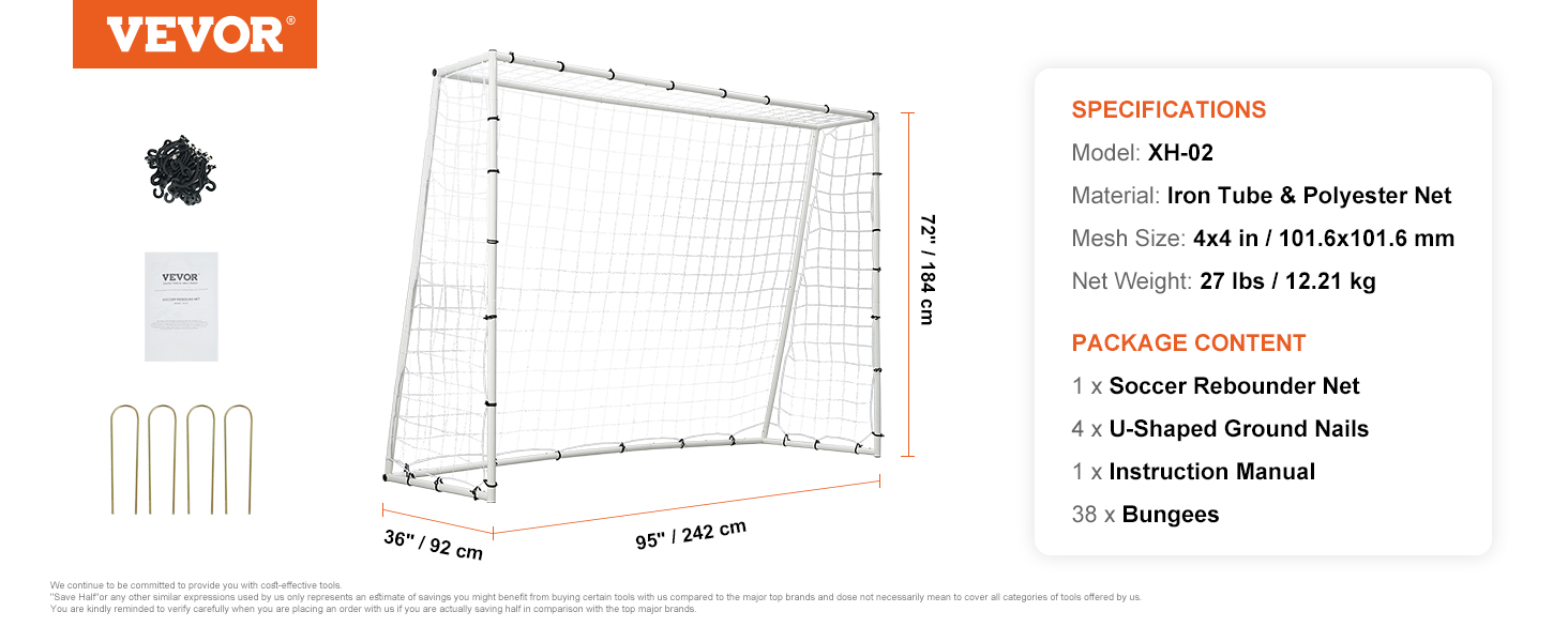 VEVOR soccer rebound trainer with 4 u-shaped ground nails, polyester net, 38 bungees, and manual.