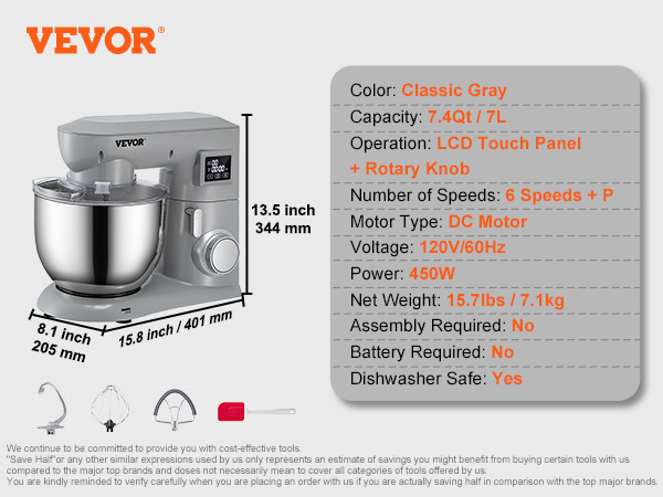 VEVOR 450W Stand Mixer 6-Speed Tilt-Head Dough Electric Mixer 7.4 qt Bowl 3 Attachments