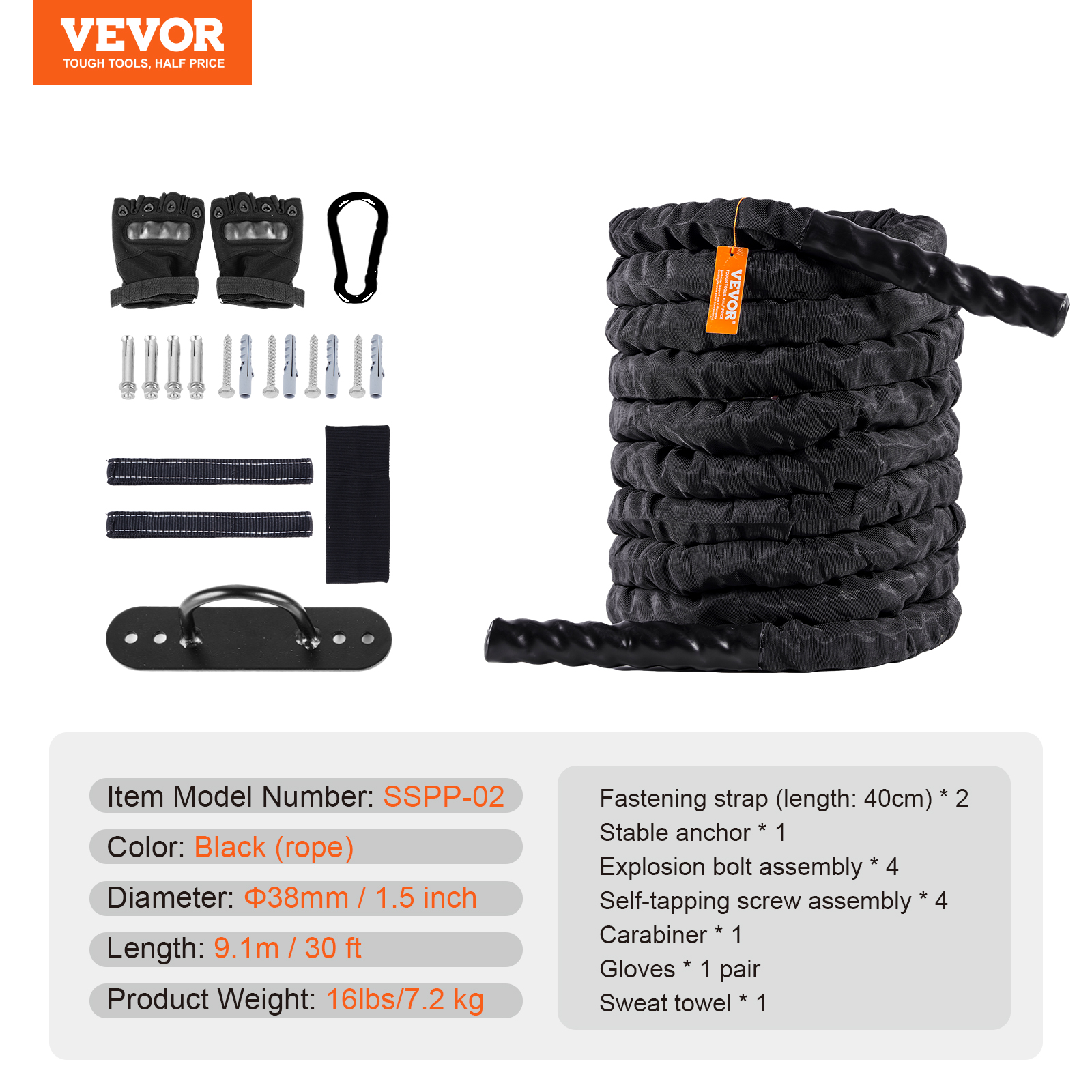 VEVOR Battle Rope 1.5" 40/30 Ft Gym Workout Strength Training Exercise Fitness - Imagen 21 de 50