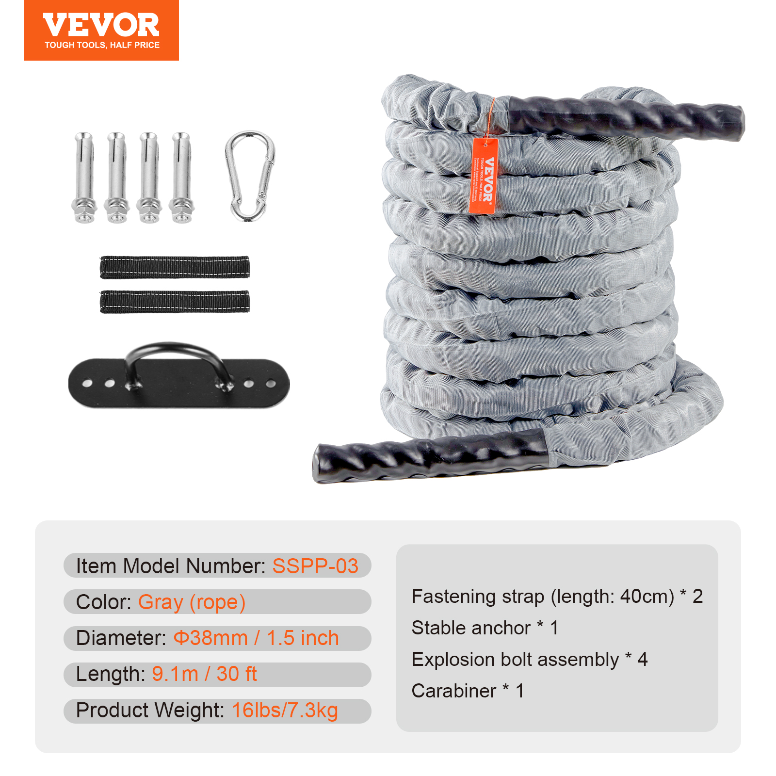 VEVOR Battle Rope 1.5" 40/30 Ft Gym Workout Strength Training Exercise Fitness - Imagen 45 de 50