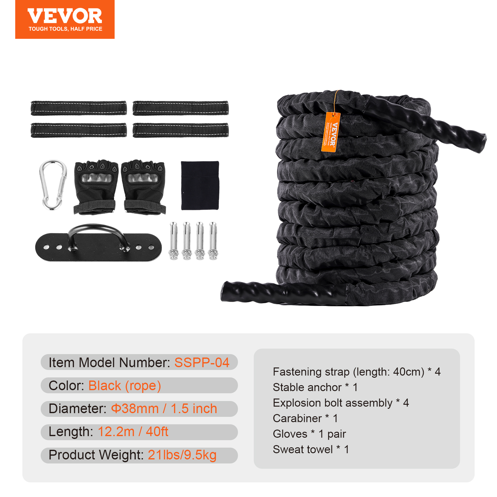 VEVOR Battle Rope 1.5" 40/30 Ft Gym Workout Strength Training Exercise Fitness - Imagen 9 de 50