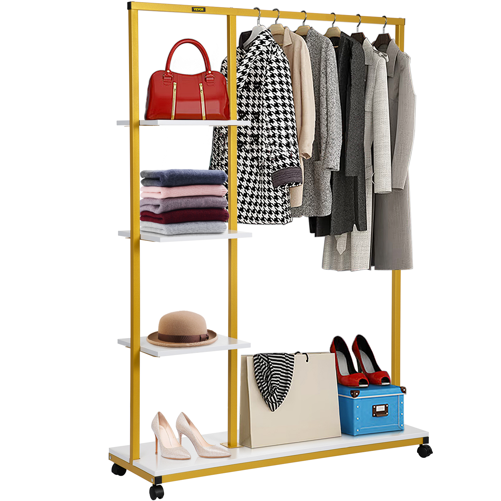 DR.IRON Gold Clothing Rack with Wooden Shelf | Modern Industrial Design |  Sturdy and Versatile | Extra Storage Space