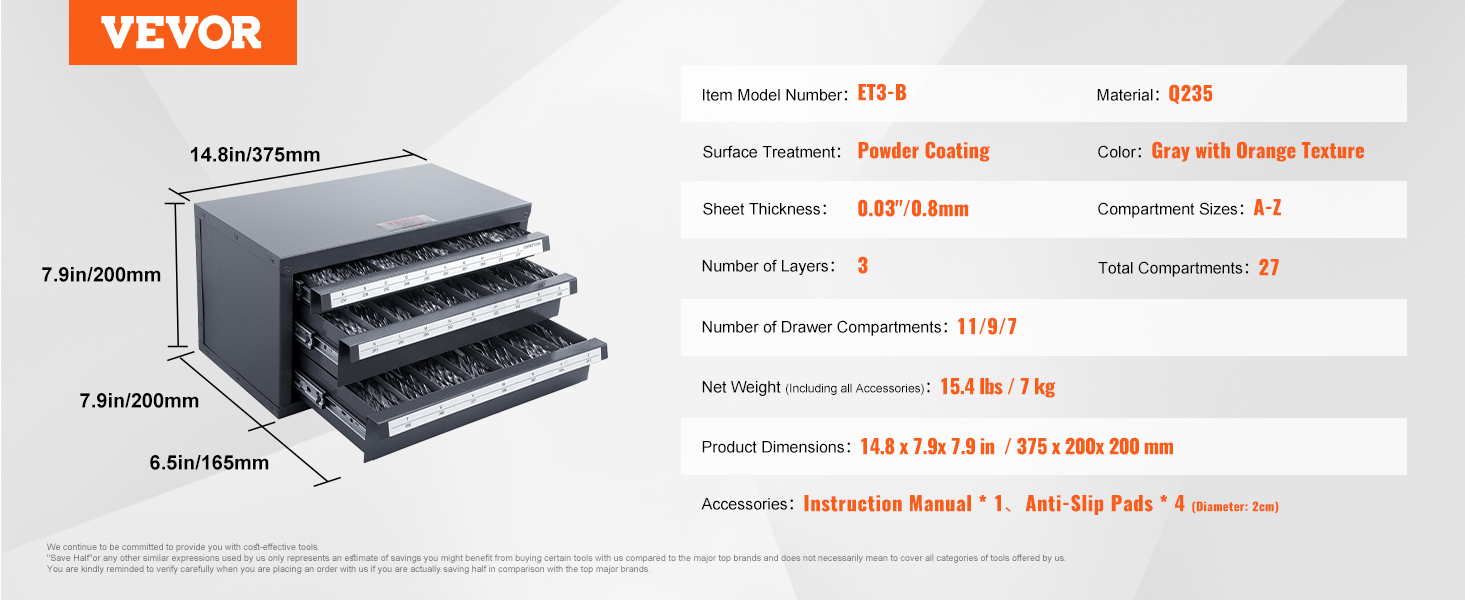 VEVOR Drill Bit Dispenser Cabinet, Three-Drawer Drill Bit Organizer ...