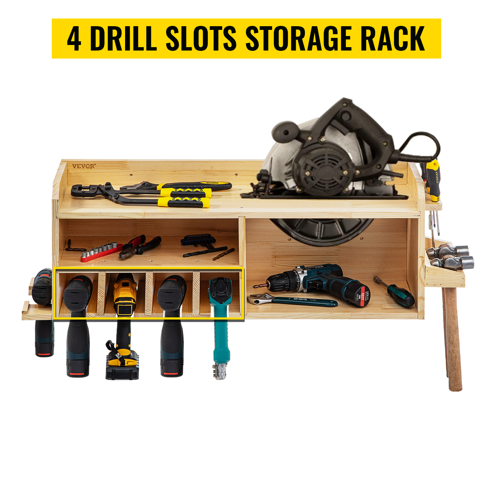 Organizador compacto de herramientas eléctricas, caja de herramientas de  madera totalmente ensamblada y 10 estaciones de carga de taladros, estantes