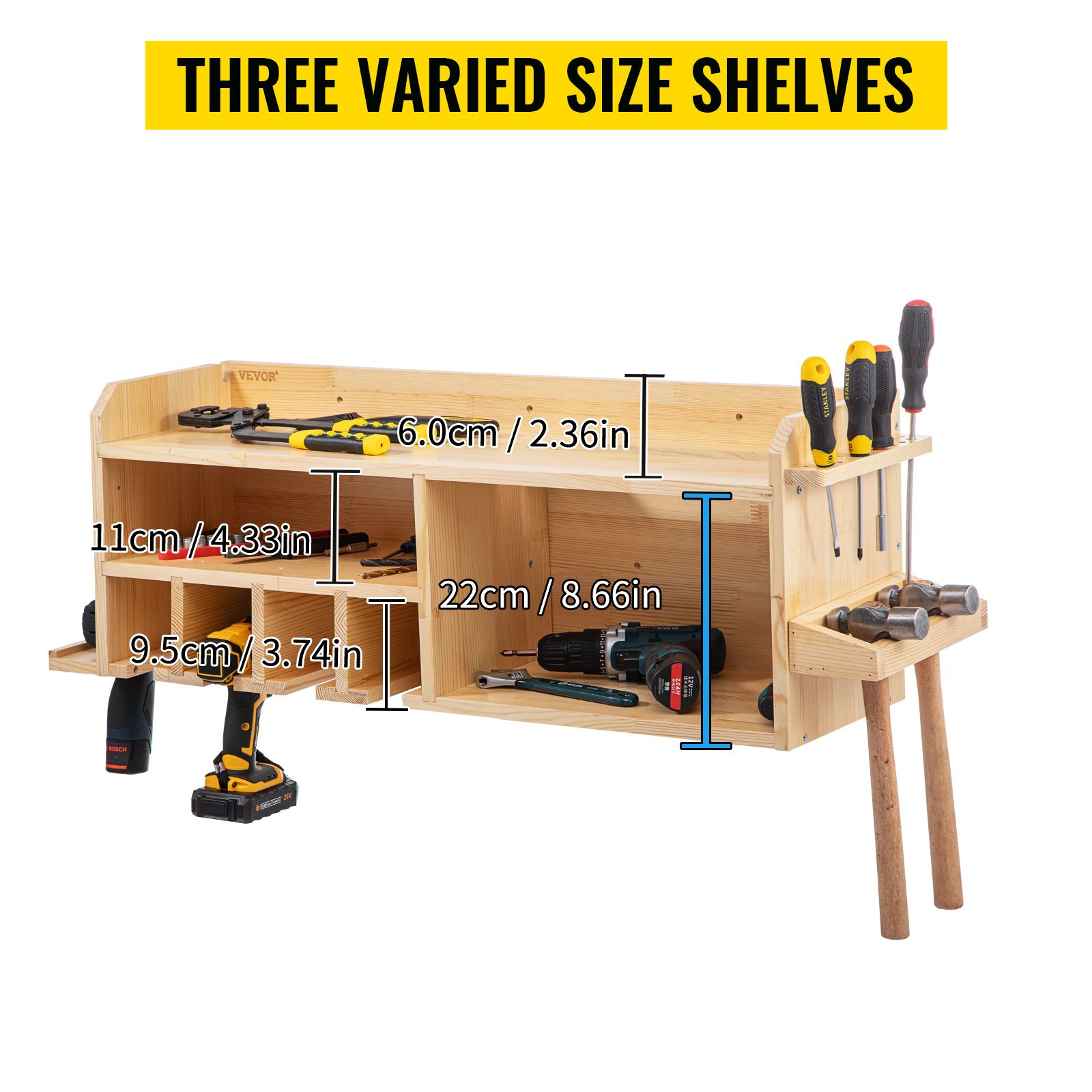 VEVOR Power Tool Organizer, Wall Mount Drill Holder, 4 Drill Hanging Slots  Drill Charging Station, 3-Shelf Cordless Drill Storage, Polished Wooden