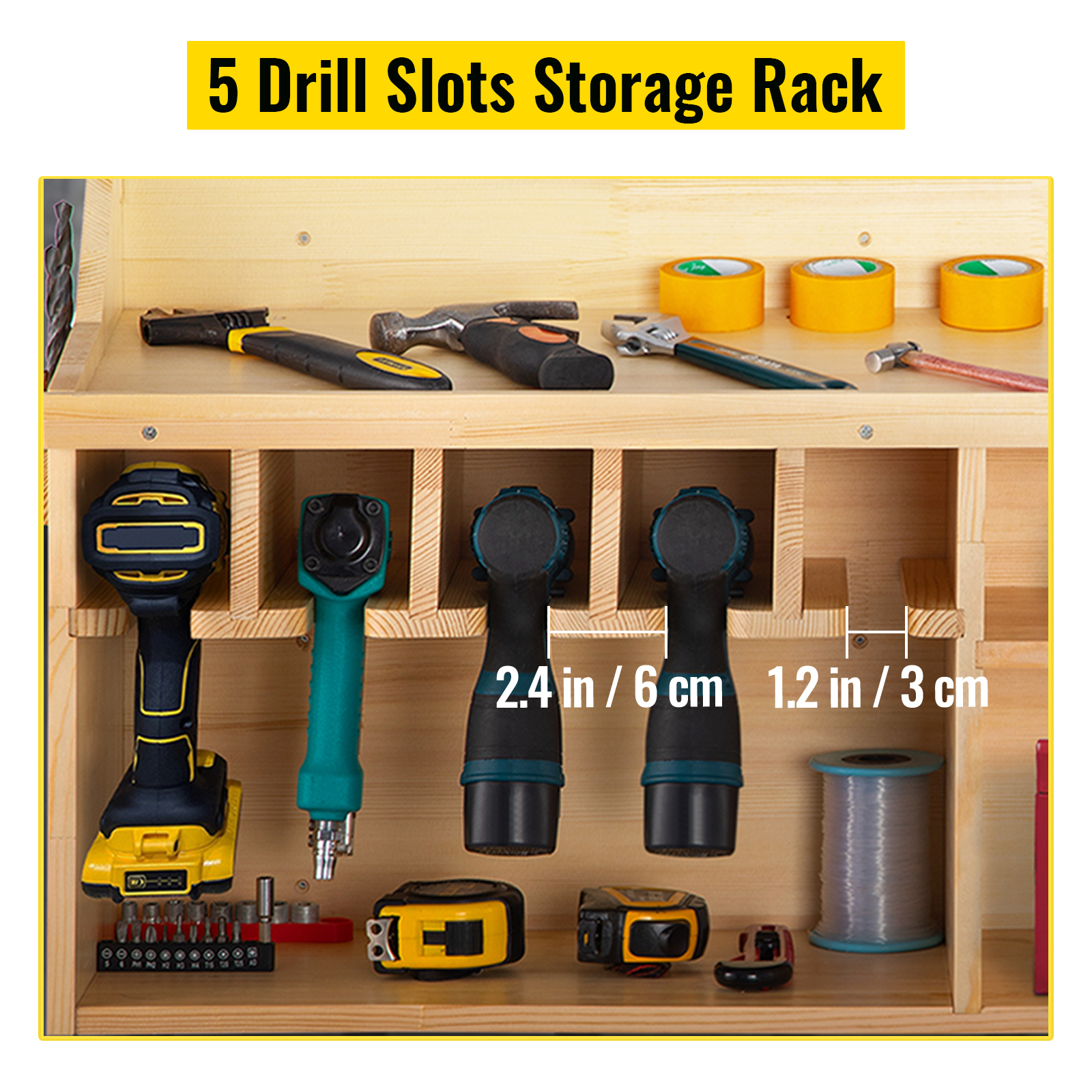 VEVOR Power Tool Organizer Wall Mount Drill Holder 4 Drill Hanging Slots Drill Charging Station 3-Shelf Cordless Drill Storage Polished Wooden