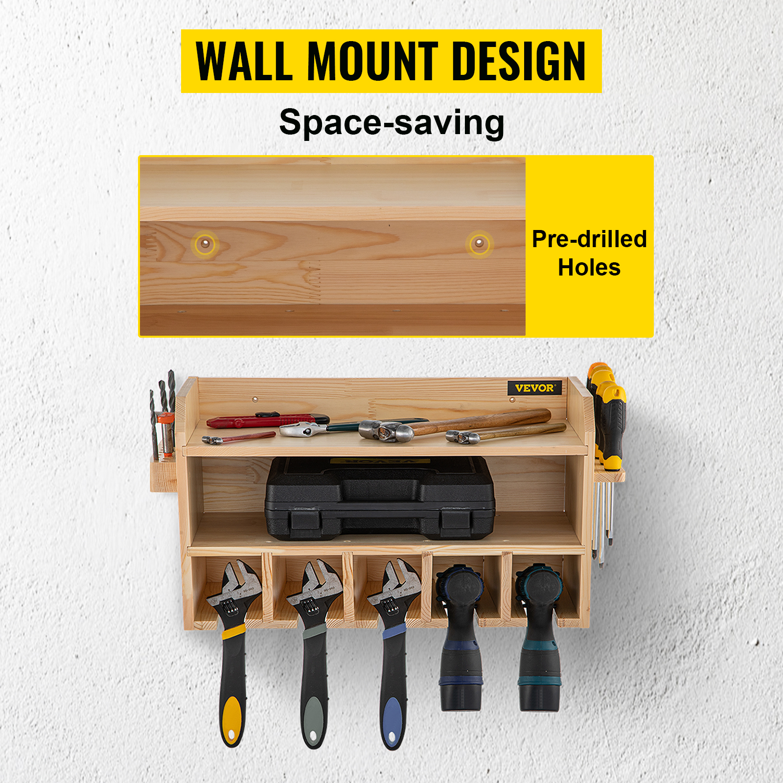 WorkPro Power Tool Organizer, Cordless Drill Holder Storage Wall Mount with 5 Drill Hanging Slots, Screwdriver Rack, Solid Wooden Tool Storage for