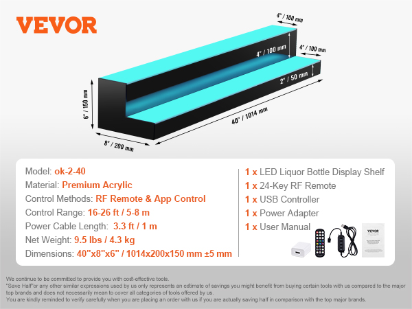 VEVOR led lighted liquor shelf, 2-layer 40 inches, 20-bottle capacity, remote control included.