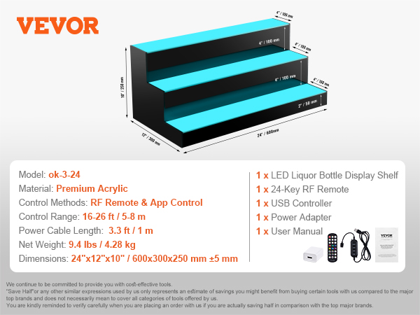 VEVOR led lighted liquor bottle display, 3-layer, 24 inches, fits 18 bottles, with remote control and app control.