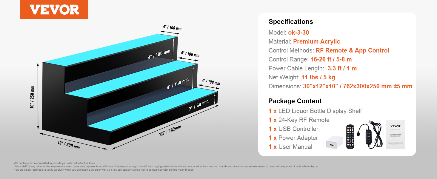 LED Bar Bottle Shelf,30 inches,3 Steps,RF Remote and App Control