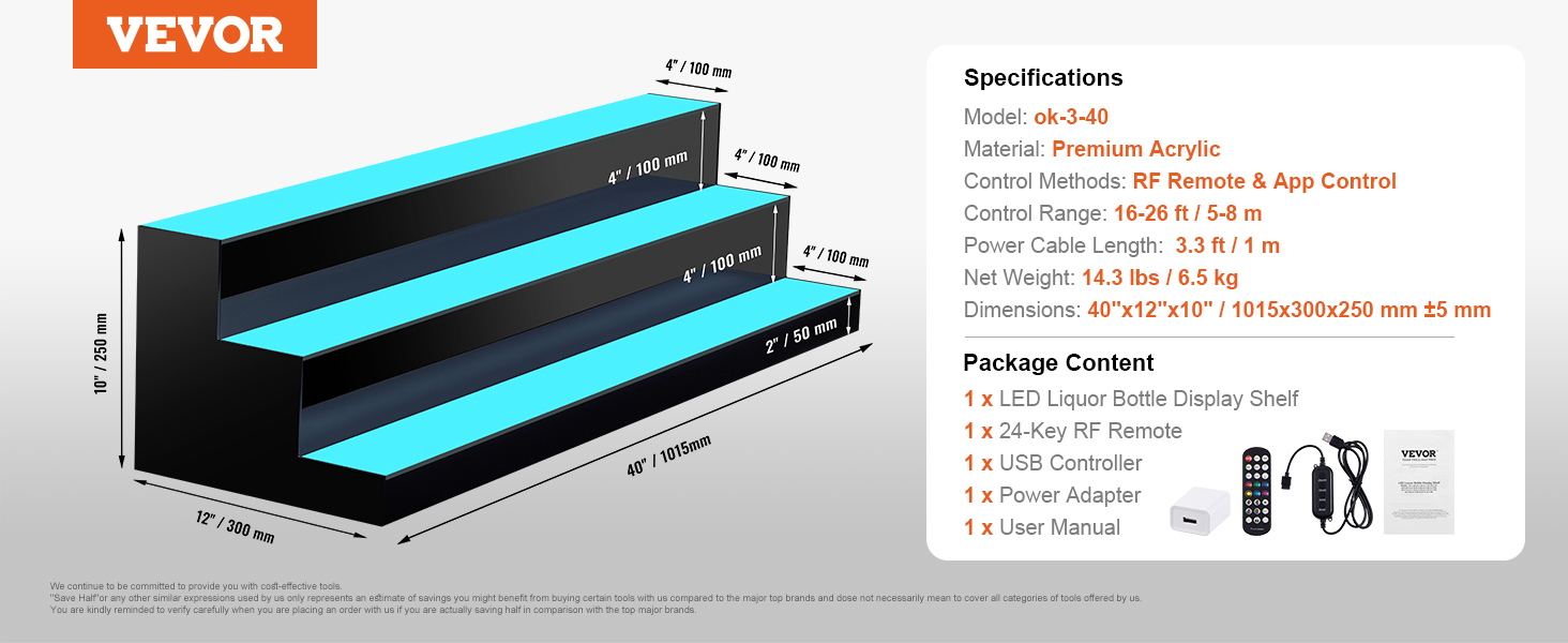 LED Bar Bottle Shelf,40 inches,3 Steps,RF Remote and App Control