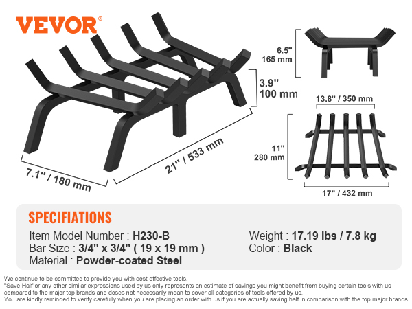 VEVOR Log Grate, 27 inch Heavy Duty Wheel Fire Grate with 6