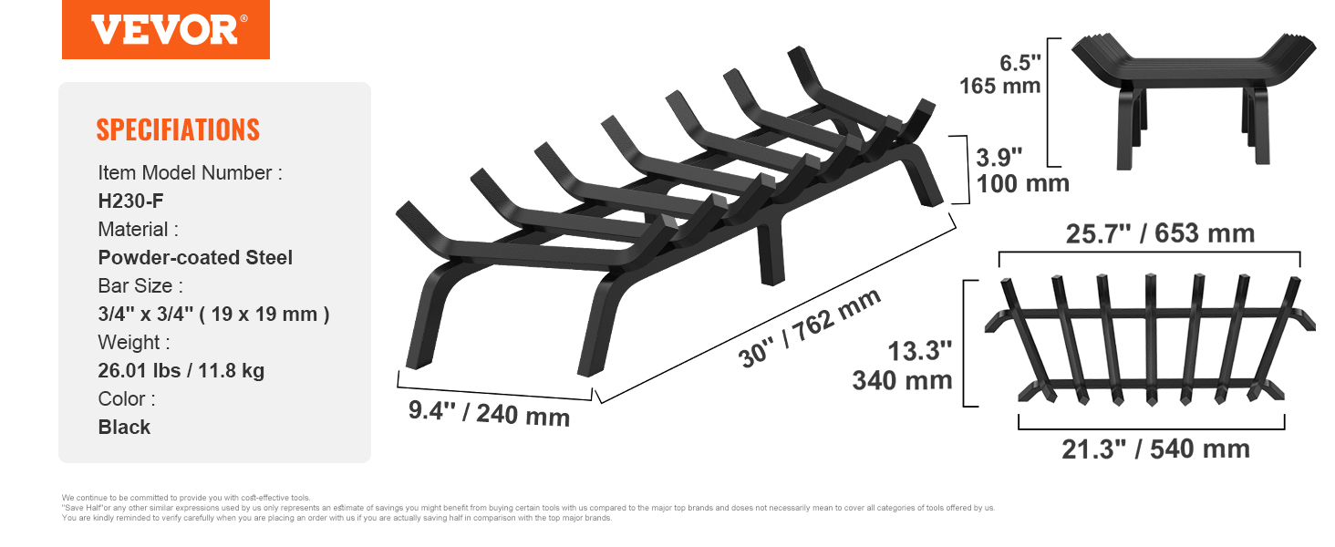  Krbový rošt VEVOR, 30-palcový Heavy Duty krbový rošt so 6 podpernými nohami, 3/4'' masívne oceľové tyče s práškovým nástrekom, držiak na polená na palivové drevo pre vnútorný a vonkajší krb