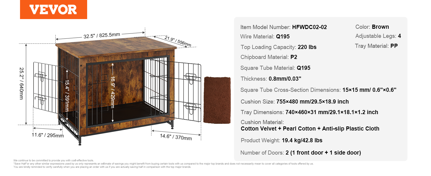 VEVOR Cage pour chien en bois de 81,3 cm avec double porte, table