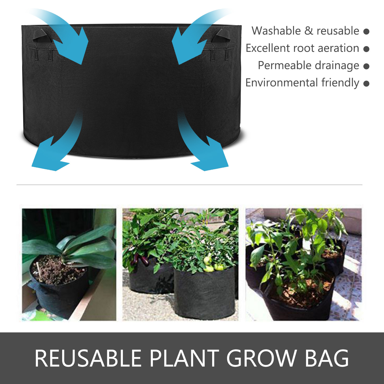5 Gallon Grow Bags 5-Pack Black Thickened Nonwoven Fabric Pots with  Handles, Multi-Purpose Rings