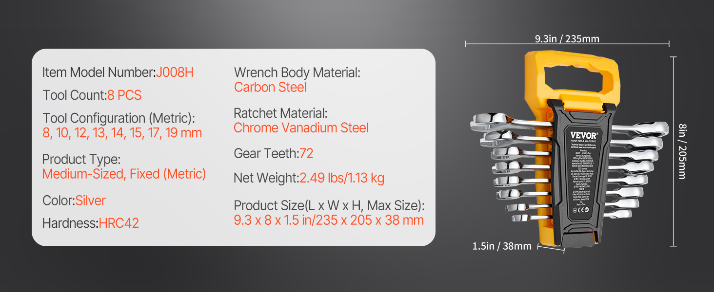 Wrench set,8-piece,metric