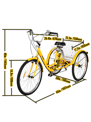 VEVOR Adult Tricycle 20 inch, 7-Speed Three Wheel Bikes, Yellow Tricycle  with Bell Brake System, Bicycles with Cargo Basket for Shopping 