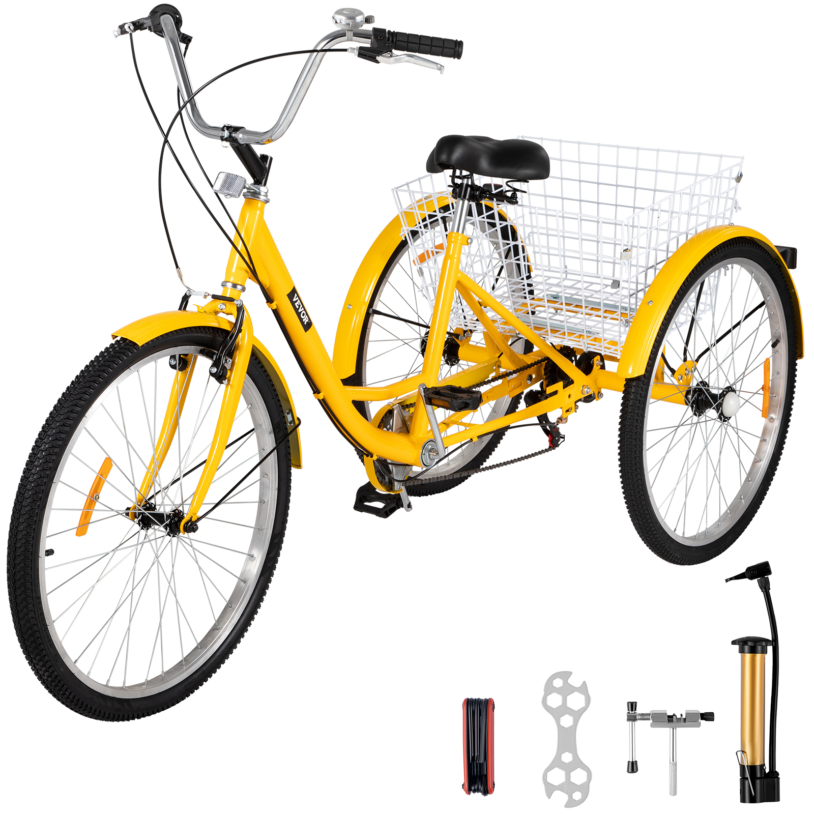 VEVOR Triciclo VEVOR para adultos, bicicleta de crucero de 7 velocidades,  triciclo ajustable de 20 pulgadas con sistema de freno de campana,  bicicletas de crucero, cesta de gran tamaño para ejercicio (amarillo