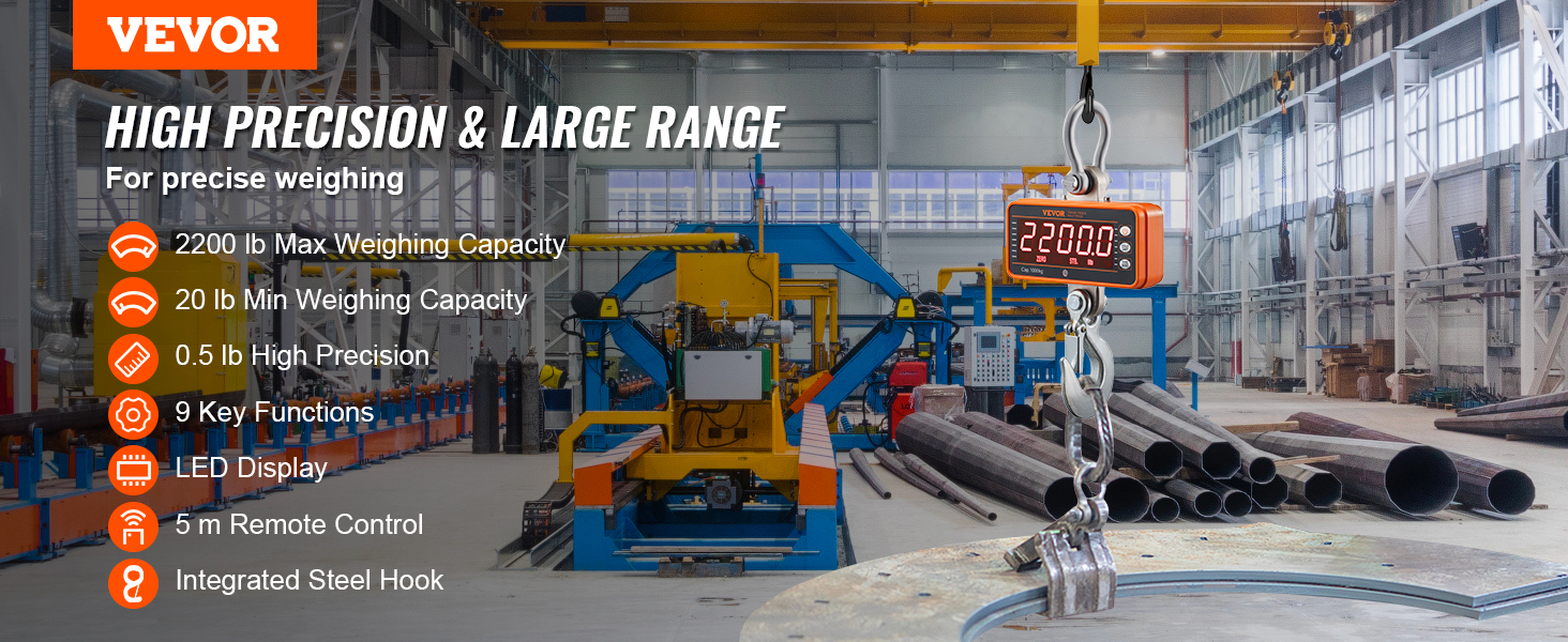 VEVOR Hanging Scale Crane Scale 1000 kg 2000 lb Digital Industrial Heavy Duty Auto Off