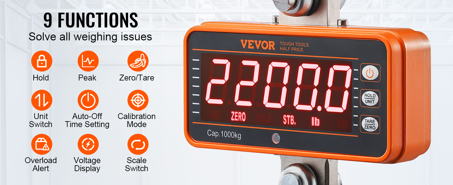 VEVOR Hanging Scale 1000KG (2200LBS) Orange Digital Industrial