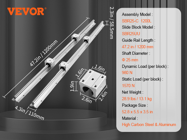 VEVOR Linear Guide Rail Set, SBR25 1200mm, 2 PCS 47.2 in/1200mm SBR25 Guide Rails and 4 PCS SBR25UU Slide Blocks, Linear Rails and Bearings Kit for Automated Machines DIY Project CNC Router Machines