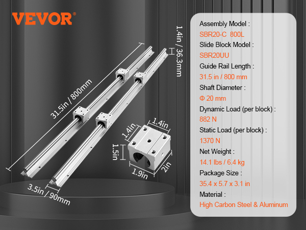 Kit Guidage Linéaire HGR20 - 2 Rails De 800mm + 4 Blocs Coulissants HGH20CA + 4 Butées - Pour CNC, Machines Automatiques Ou Projets Mécaniques De Précision