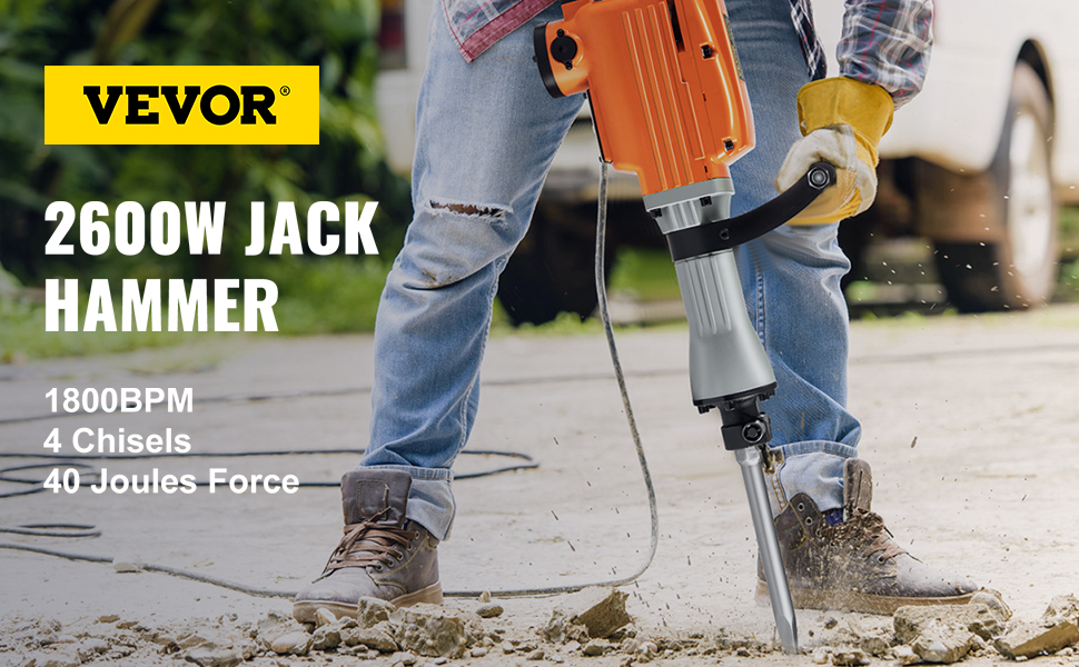 VEVOR Demolition Jack Hammer, 2600W 1800BPM, 1-1/8 Hex Heavy Duty Concrete  Breaker with 4 Chisels, Case and Gloves, 220V Industrial Electric