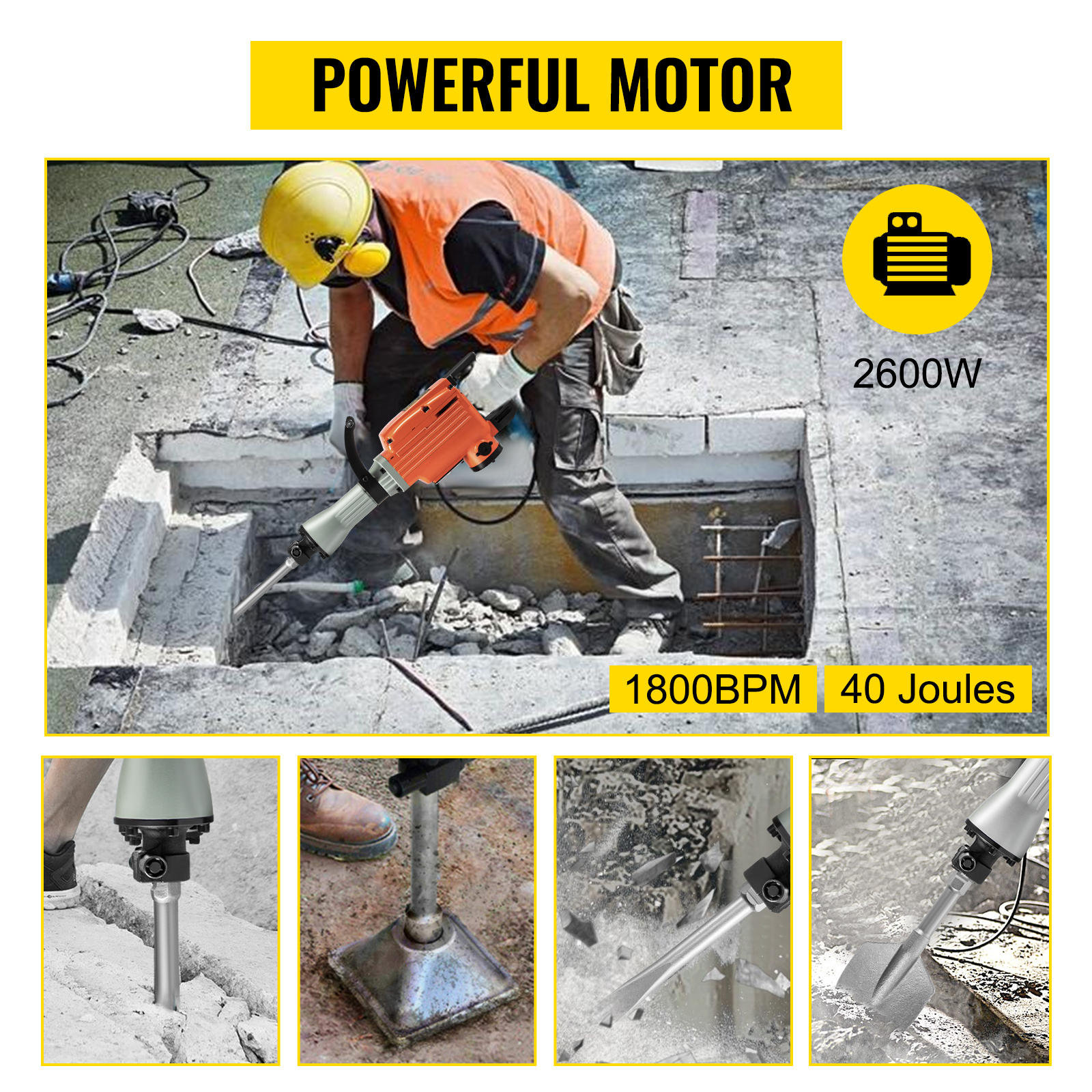 VEVOR Demolition Jack Hammer, 2600W 1800BPM, 11/8" Hex Heavy Duty