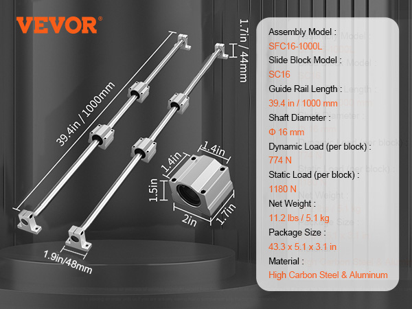 VEVOR Linear Guide Rail Set, SFC16 1000mm, 2 PCS 39.4 in/1000 mm SFC16 Guide Rails 4 PCS SC16 Slide Blocks 4 PCS Rail Supports, Linear Rails and Bearings Kit for Automated Machines CNC DIY Project
