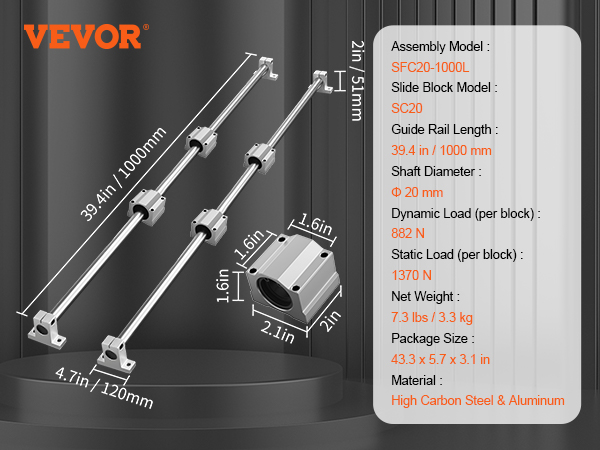 VEVOR Linear Guide Rail Set, SFC20 1000mm, 2 PCS 39.4 in/1000 mm SFC20 Guide Rails 4 PCS SC20 Slide Blocks 4 PCS Rail Supports, Linear Rails and Bearings Kit for Automated Machines CNC DIY Project