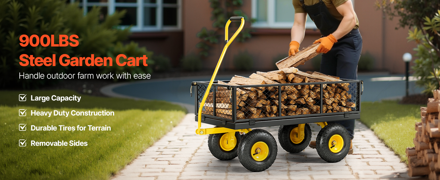 VEVOR 400 lbs Stalen Tuin Dump Cart, Heavy Duty Tuin Wagon Yard Dump Wagon met Verwijderbare Zijden, Converteren naar Flatbed, Utility Liner, 10 All Terrain Wielen