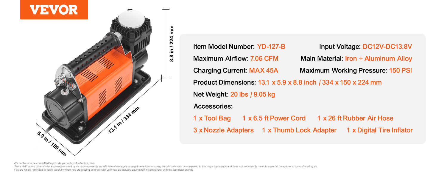 Portable tire inflator, 150PSI, offroad air pump