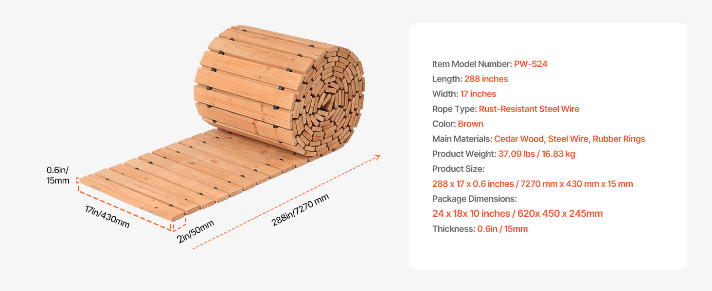 VEVOR Chemin De Jardin En Bois Cèdre 253x43 Cm - Allée Déroulante Antidérapante Pour Extérieur