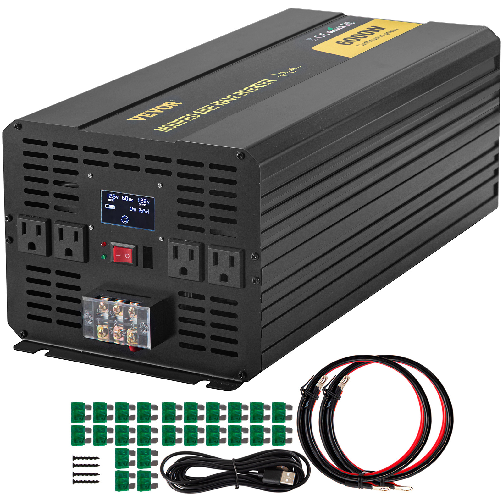 6000W Power Inverter DC 12V to AC 110V Car Sine Wave Converter Modified 2 USB