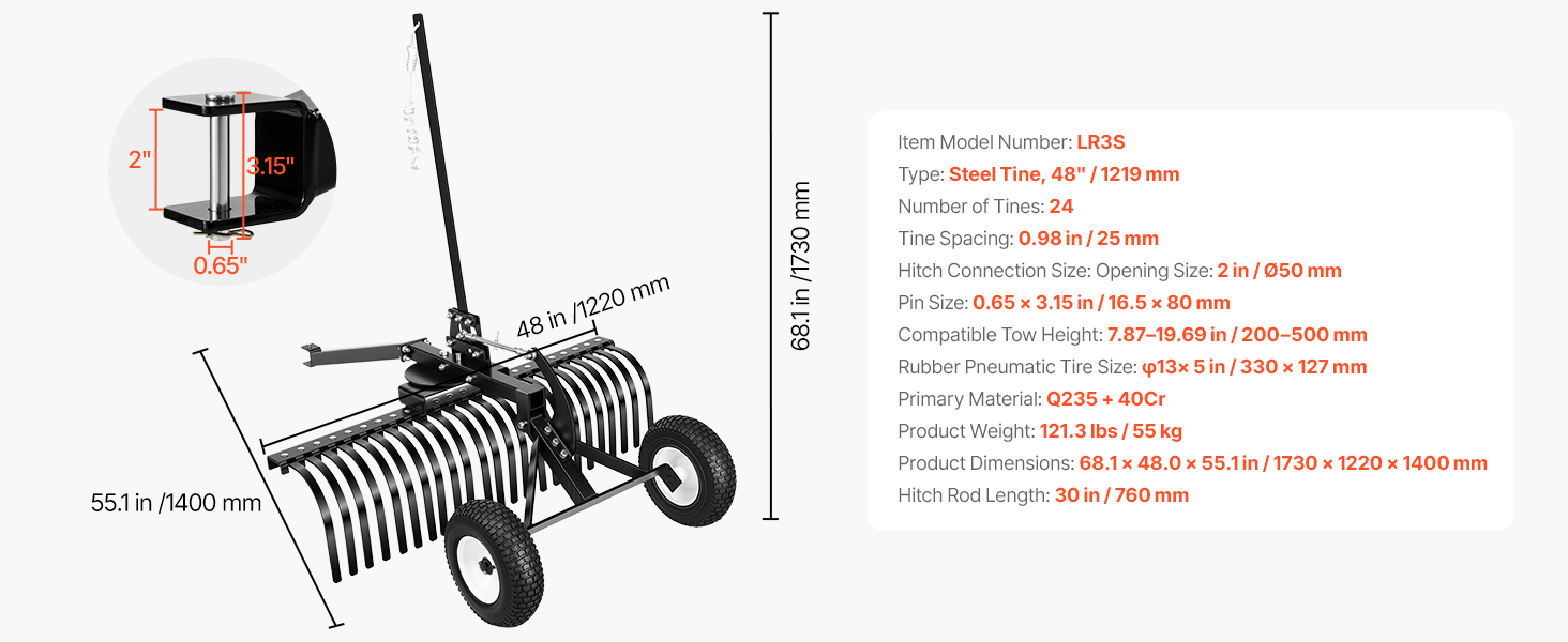 Vertikutierer Rasenrechen 1219mm 24 Zinken Höhen Winkelverstellung, ATV Traktor Tow Behind Landscape Rake A100 1.11w