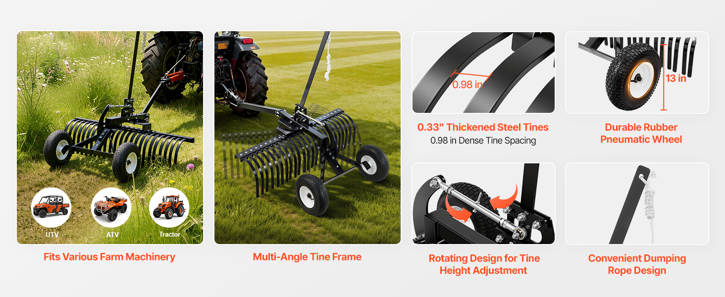 Vertikutierer Rasenrechen 1219mm 24 Zinken Höhen Winkelverstellung, ATV Traktor Tow Behind Landscape Rake A100 1.12w