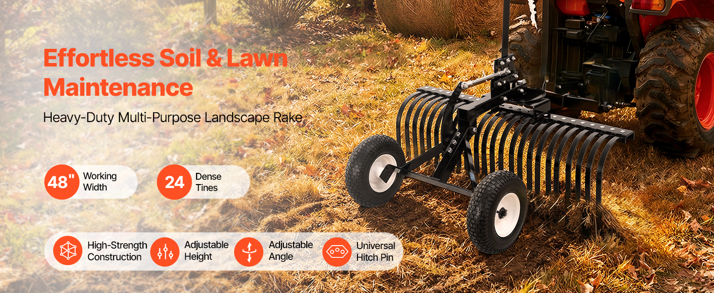 Vertikutierer Rasenrechen 1219mm 24 Zinken Höhen Winkelverstellung, ATV Traktor Tow Behind Landscape Rake A100 1.4w