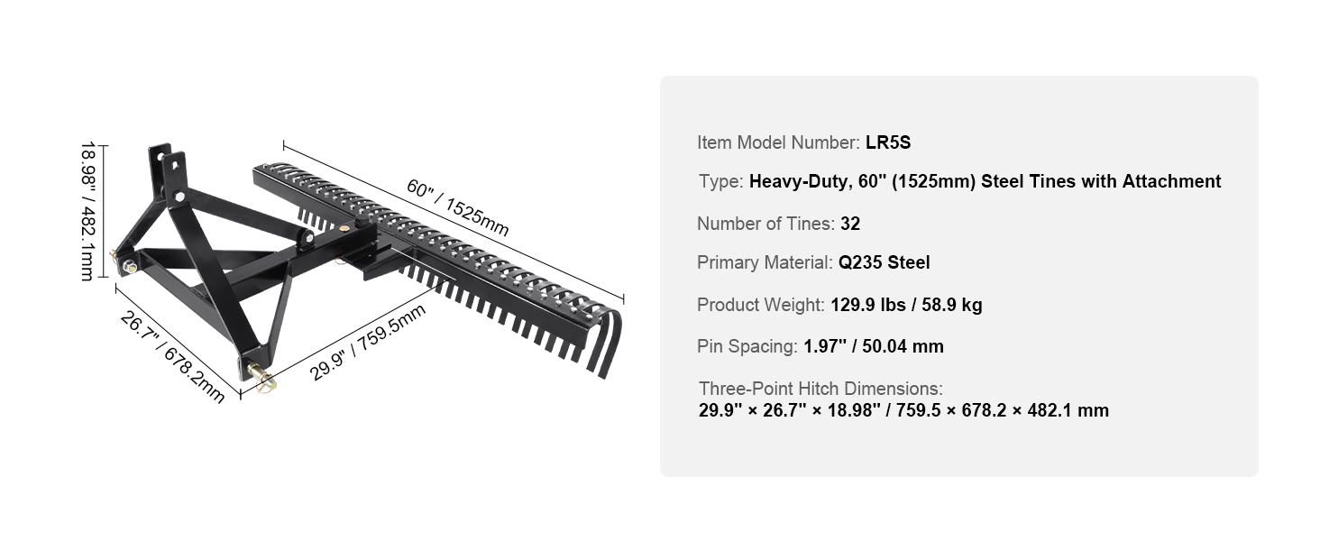 Vertikutierer 1525mm 32 Stahlzinken Rasenluefter Dreipunkt Gartenrechen Tow Behind Dethatcher A100 1.11w