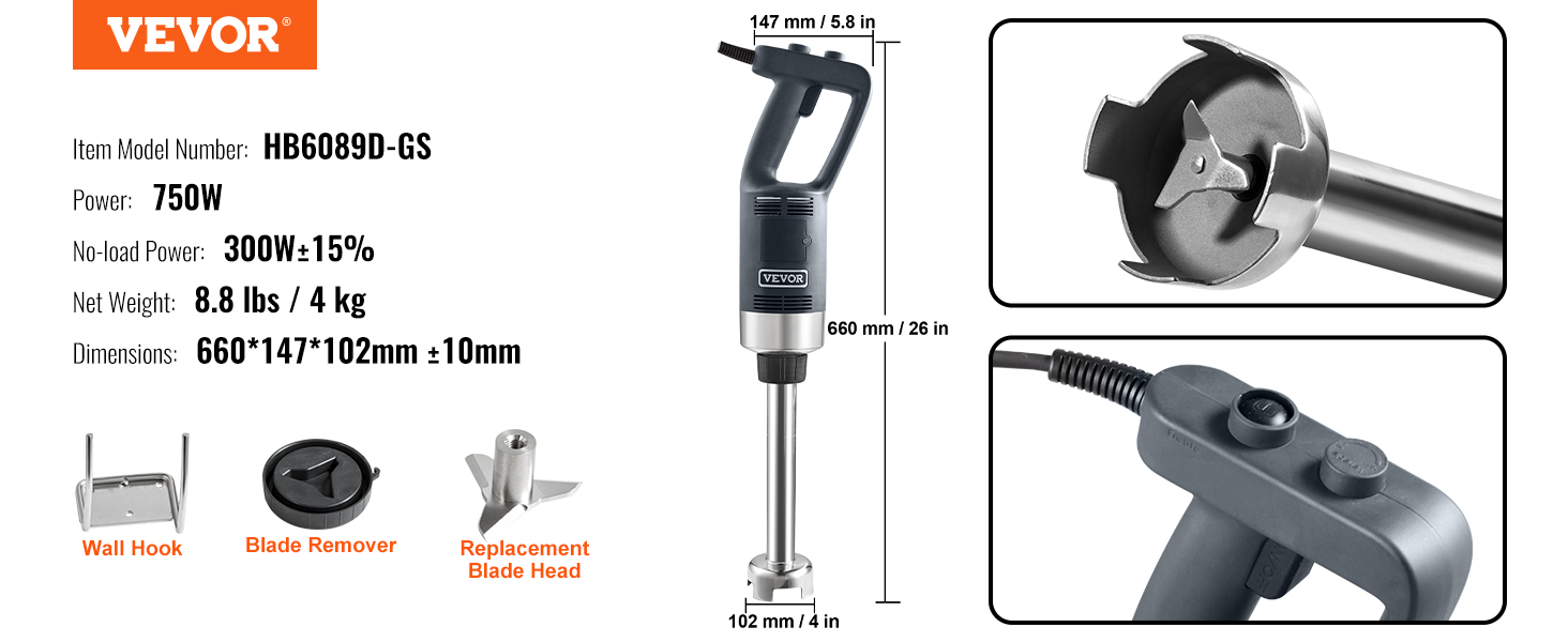 VEVOR VEVOR Frullatore a Immersione da Cucina Uso Commerciale Potenza  Nominale 750W Lunghezza 660mm Velocità Regolabile, Frullatore Tritatutto da  Cucina Commerciale per Zuppe Salsa Pesto Materiale Frullato