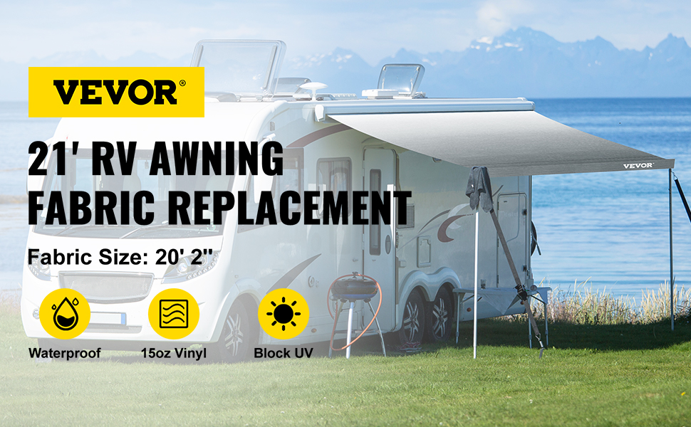 VEVOR RV Awning, Awning Replacement Fabric 21 FT, Gray Fade RV Awning Replacement, 15oz Vinyl Material Replacement Awning, Sun Shade and Waterproof Replacement Fabric Size: 20 ft 2 in